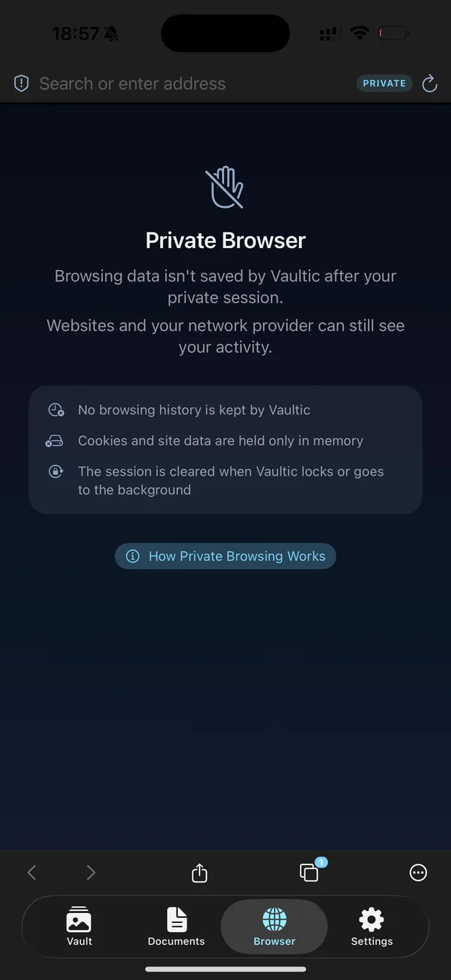 Vaultic's private browser, stating that browsing data isn't saved and that websites and network providers can still see your activity