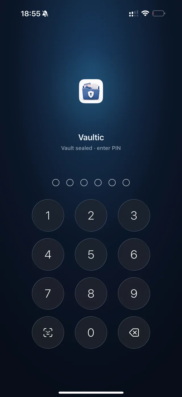 Vaultic's lock screen on an iPhone, reading “Vault sealed · enter PIN” above a six-digit keypad